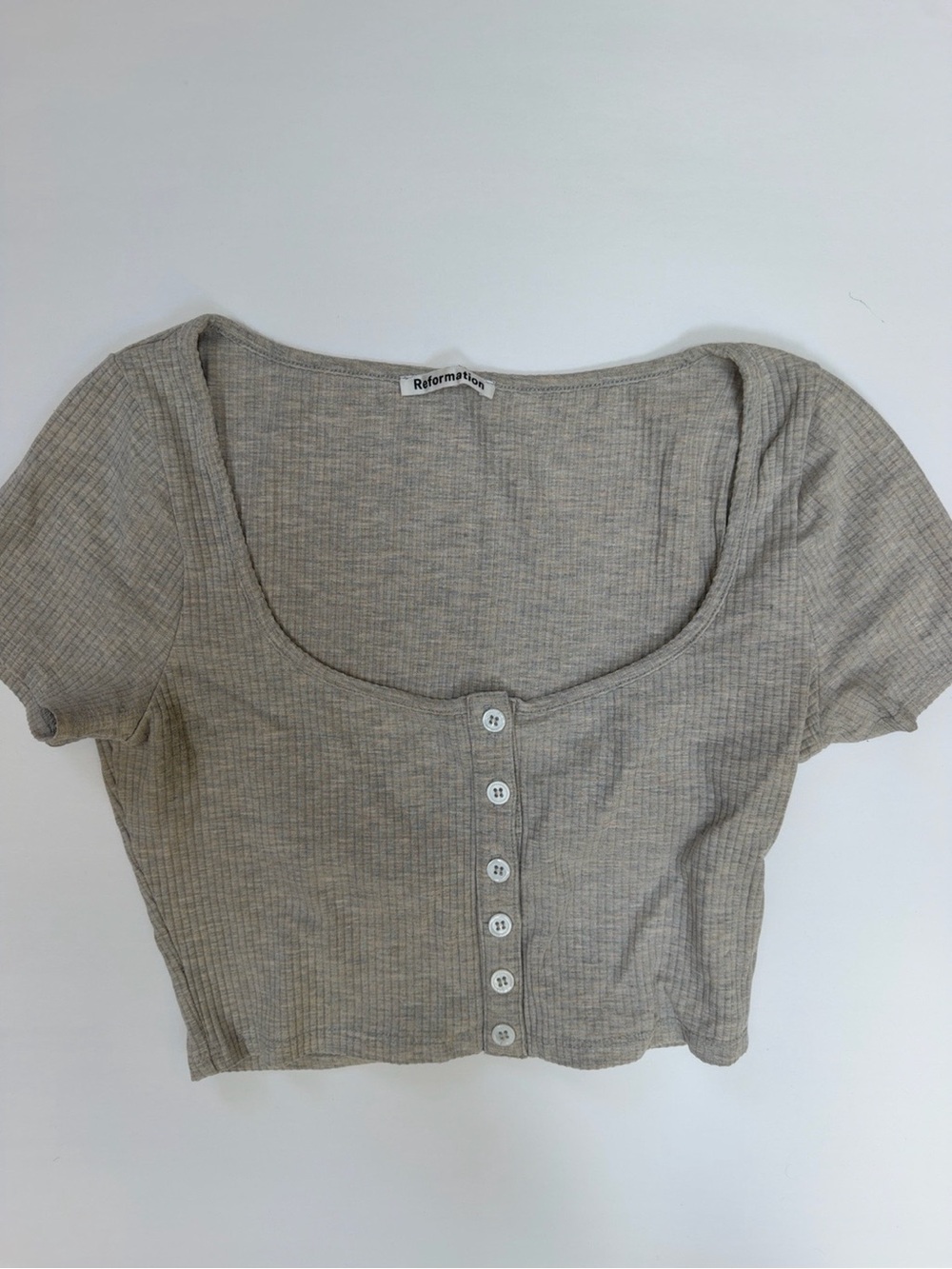 Reformation Ribbed Button Front Crop Top Heather Oatmeal | Size XS